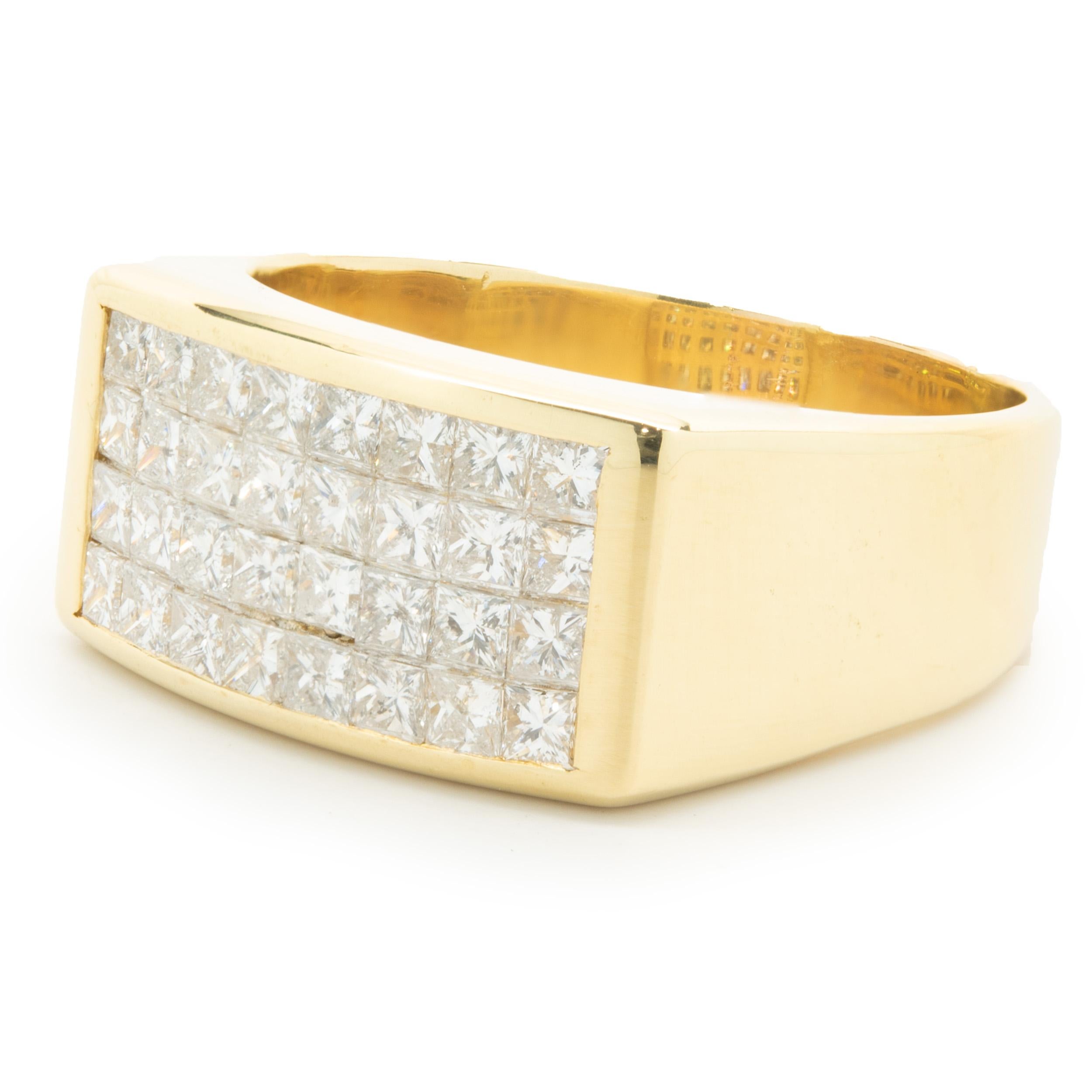 Designer: custom
Material: 18K yellow gold
Diamond: 32 princess cut = 2.90cttw
Color: G
Clarity: SI2
Ring size: 11 (please allow two additional shipping days for sizing requests)
Weight:  17.21 grams