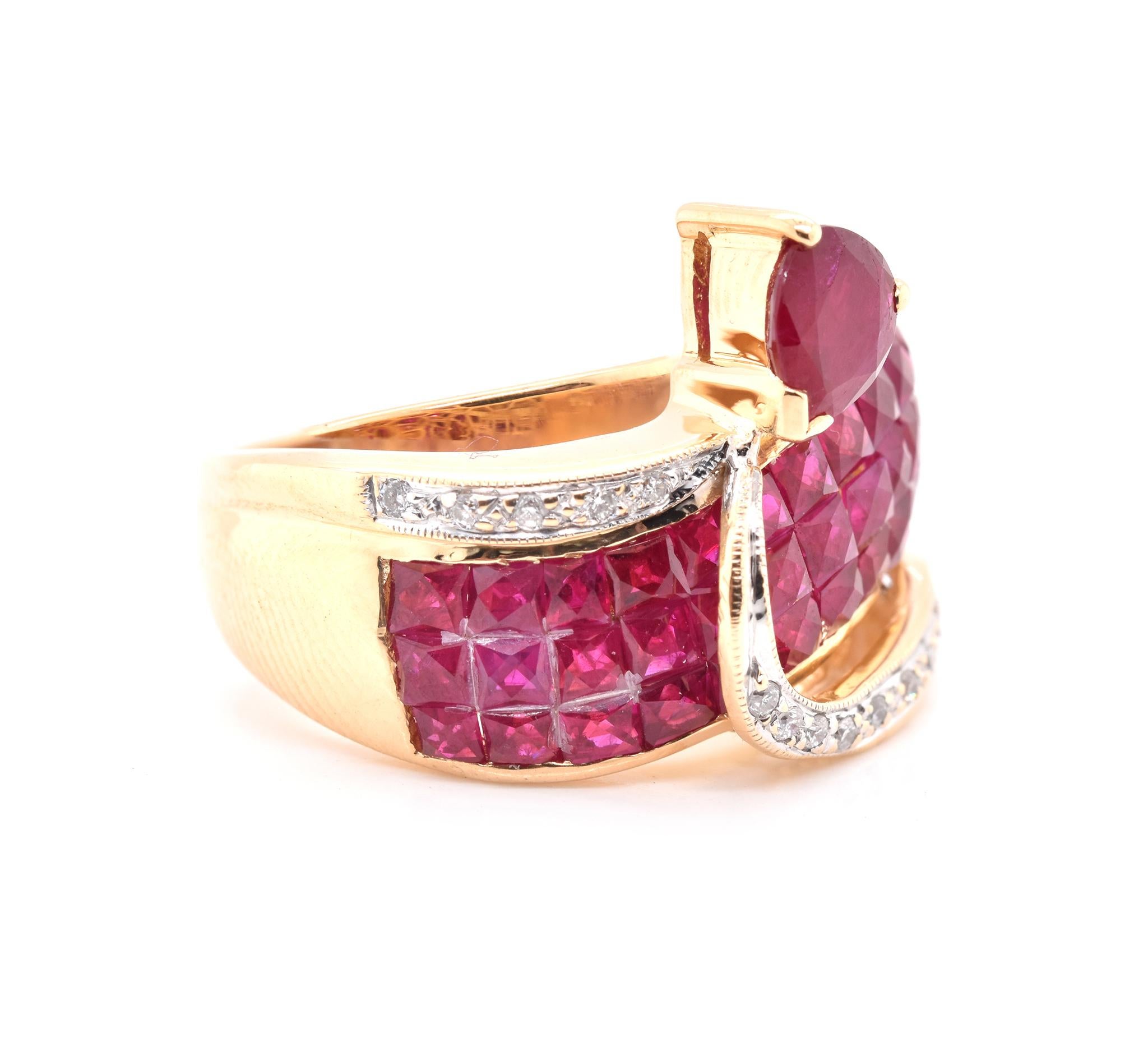 Designer: JCR
Material: 18K Yellow gold
Diamonds: 15 round cut = .15cttw
Color: G
Clarity: SI1
Ruby: 36 invisible set square faceted cut = 3.24cttw
Ruby: 1 pear cut = .52ct
Color: Pigeons Blood
Clarity: AAA
Dimensions: ring top measures 16.71mm