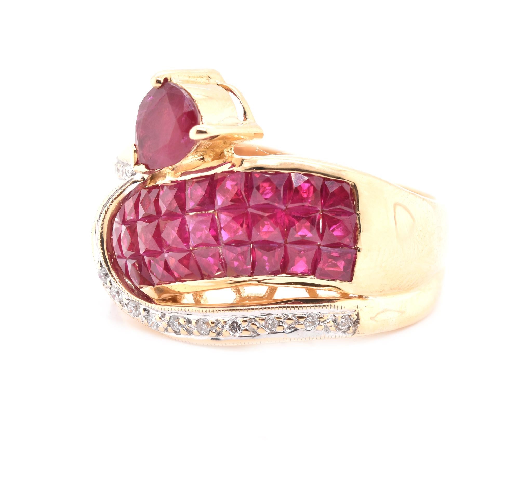 Square Cut 18 Karat Yellow Gold Invisible Set Pigeons Blood Ruby and Diamond Ring For Sale