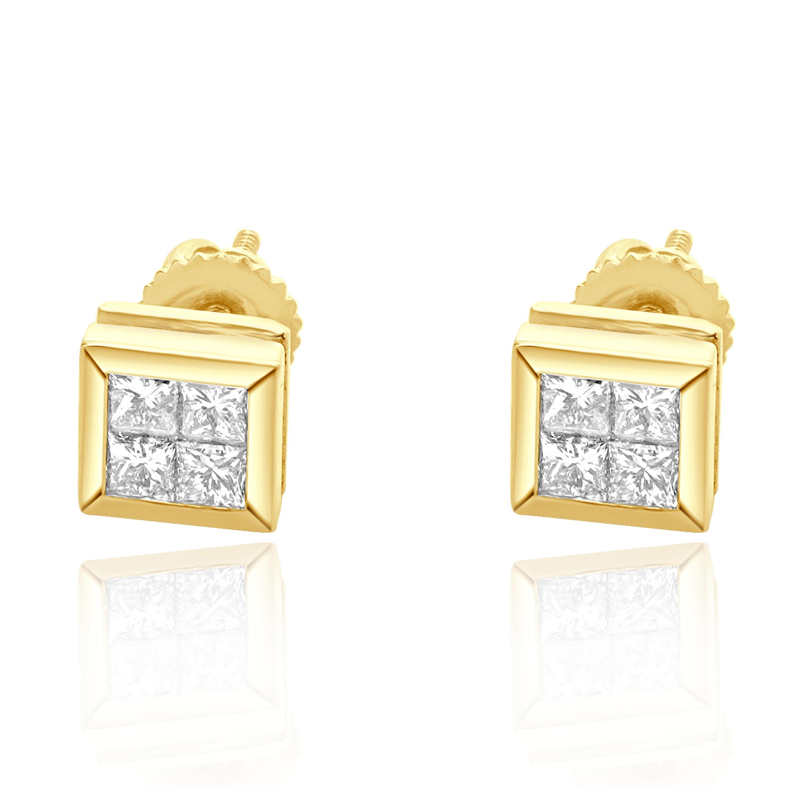 18 Karat Yellow Gold Invisible Set Princess Cut Diamond Studs For Sale