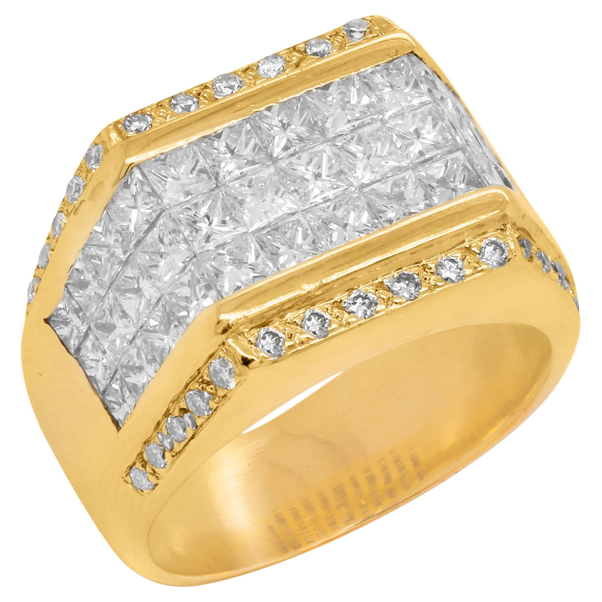 18 Karat Yellow Gold Invisible Set Princess Round Cut Diamond Men's Ring