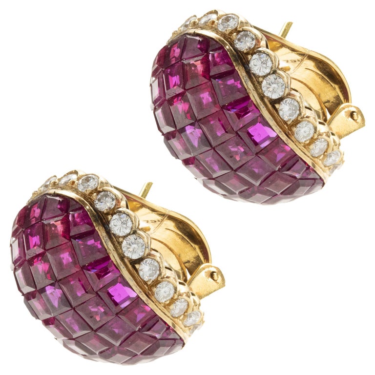 18 Karat Yellow Gold Invisible Set Ruby and Diamond Dome Earrings For ...