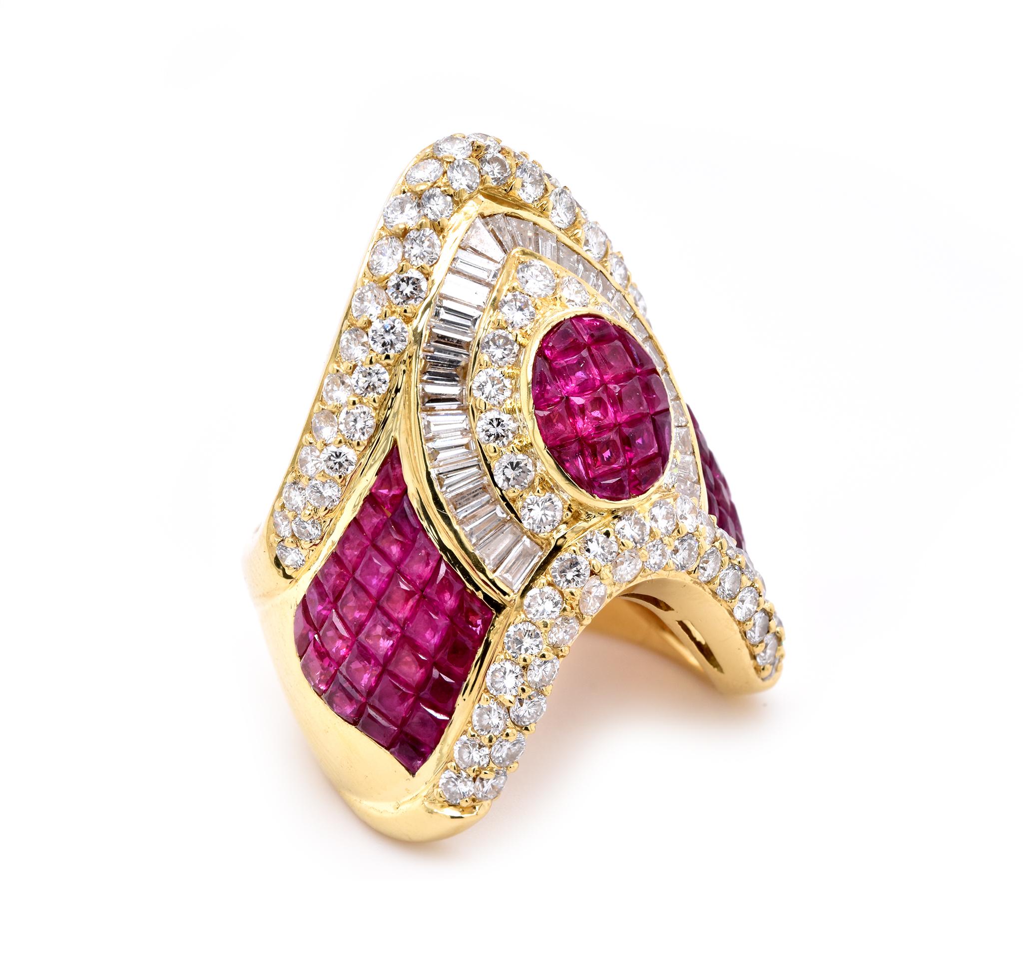 Designer: custom
Material: 18K yellow gold
Diamond: 88 round brilliant cut = 1.82cttw
Color: G
Clarity: VS
Diamond: 27 baguette cut = 1.00cttw
Color: G
Clarity: VS
Ruby: 70 invisible set princess cut = 5.00cttw
Ring Size: 7.25 (please allow up to 2