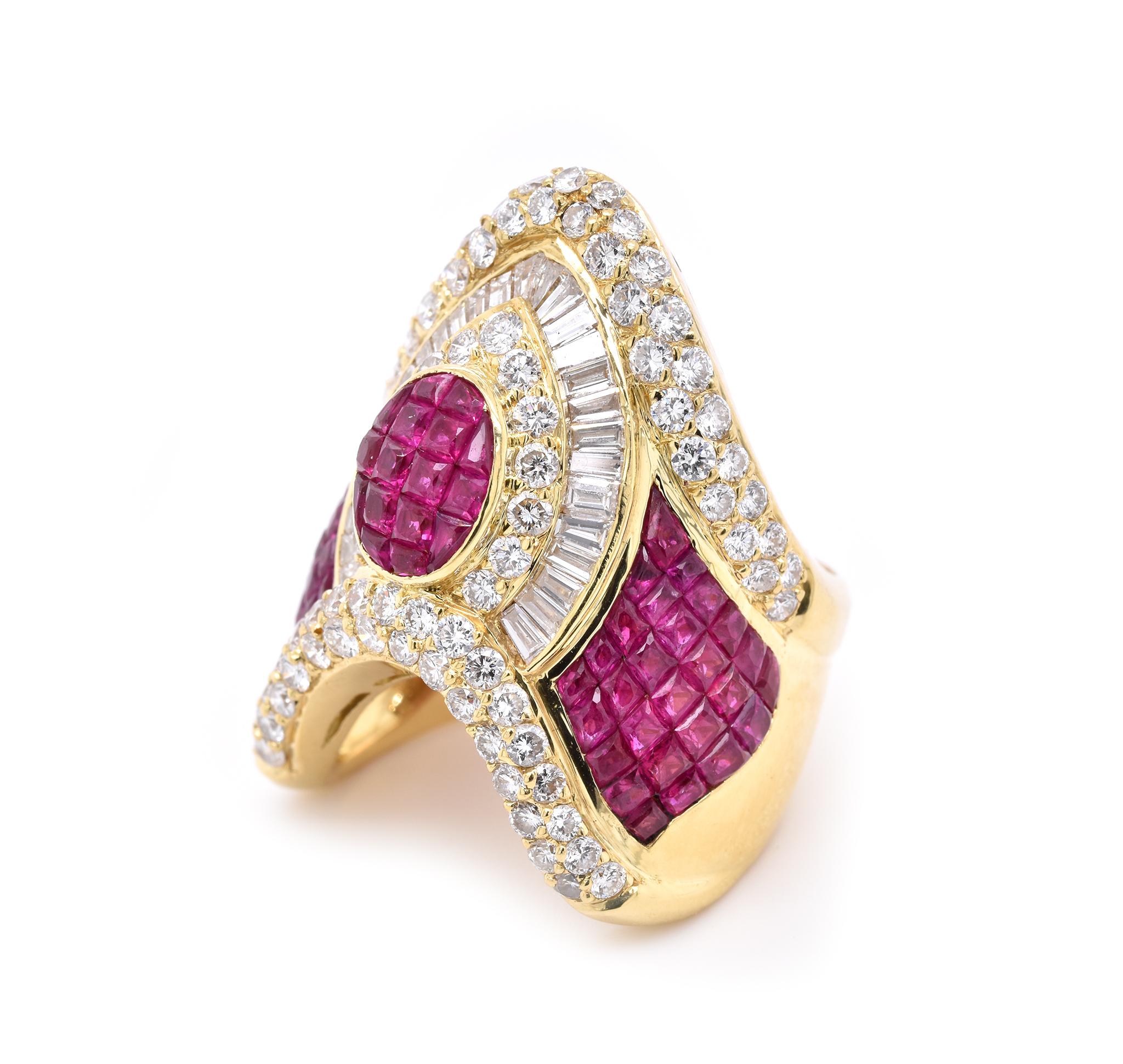 Round Cut 18 Karat Yellow Gold Invisible Set Ruby and Diamond Fashion Ring