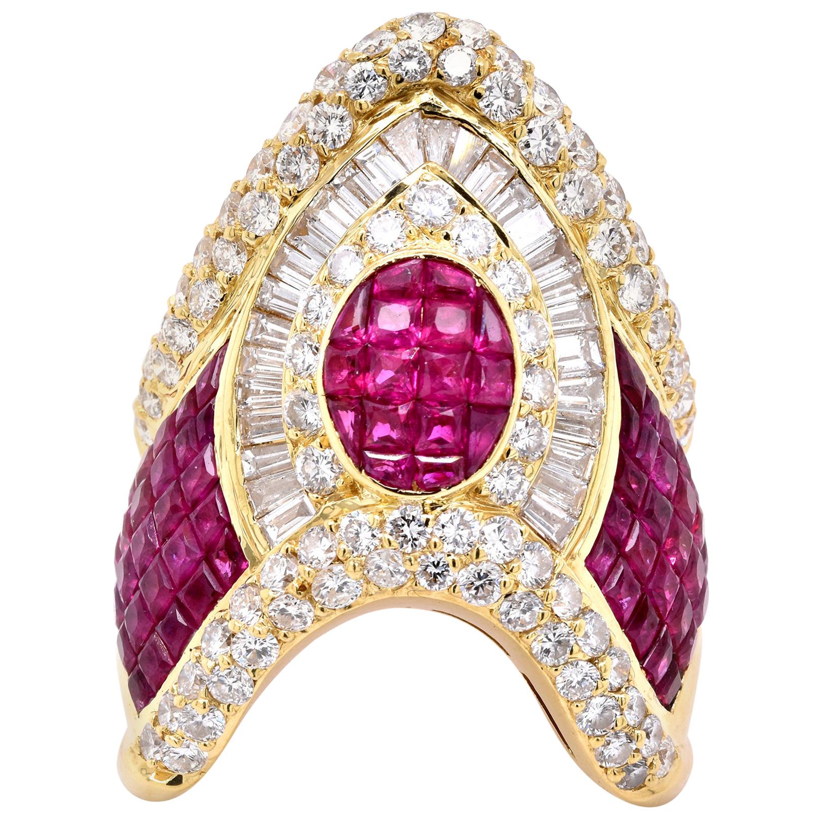 18 Karat Yellow Gold Invisible Set Ruby and Diamond Fashion Ring
