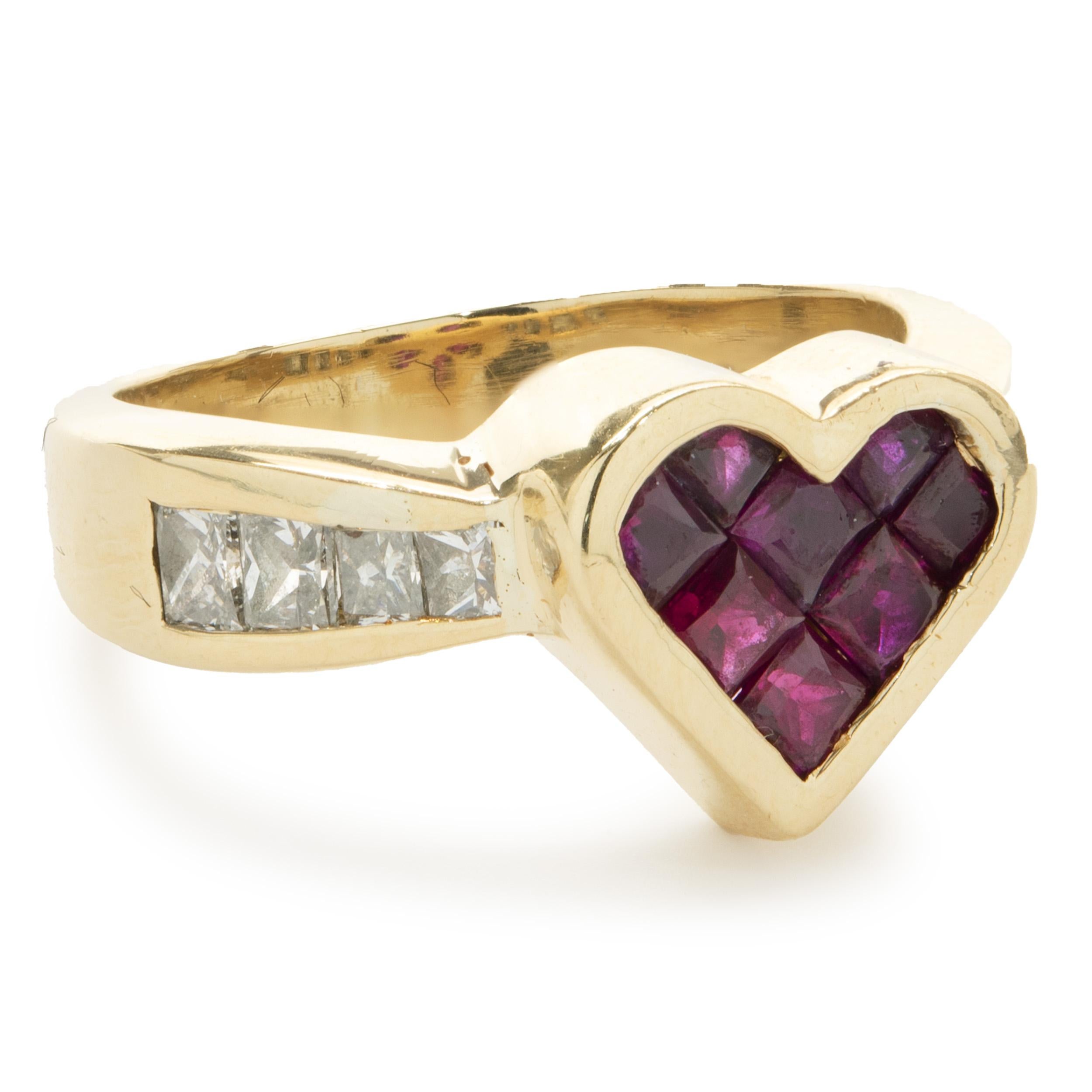 Designer: custom
Material: 18K yellow gold
Diamond: 8 princess cut = 0.50cttw
Color: H
Clarity: SI1
Ring Size: 5.5 (please allow up to 2 additional business days for sizing requests)
Dimensions: ring measures 10mm wide
Weight:  6.50 grams