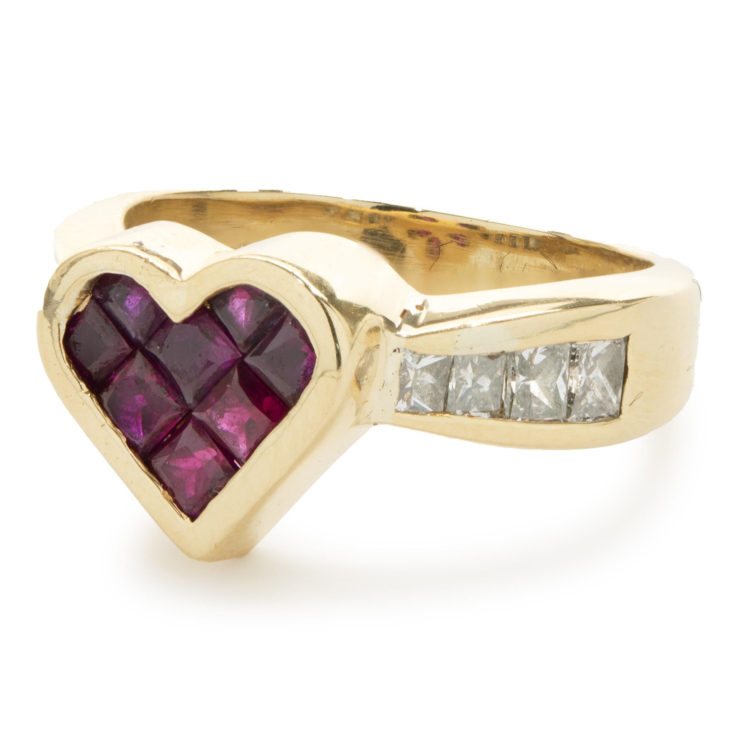 Princess Cut 18 Karat Yellow Gold Invisible Set Ruby and Diamond Heart Ring