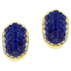 18 Karat Yellow Gold Invisible Set Sapphire and Diamond Earrings