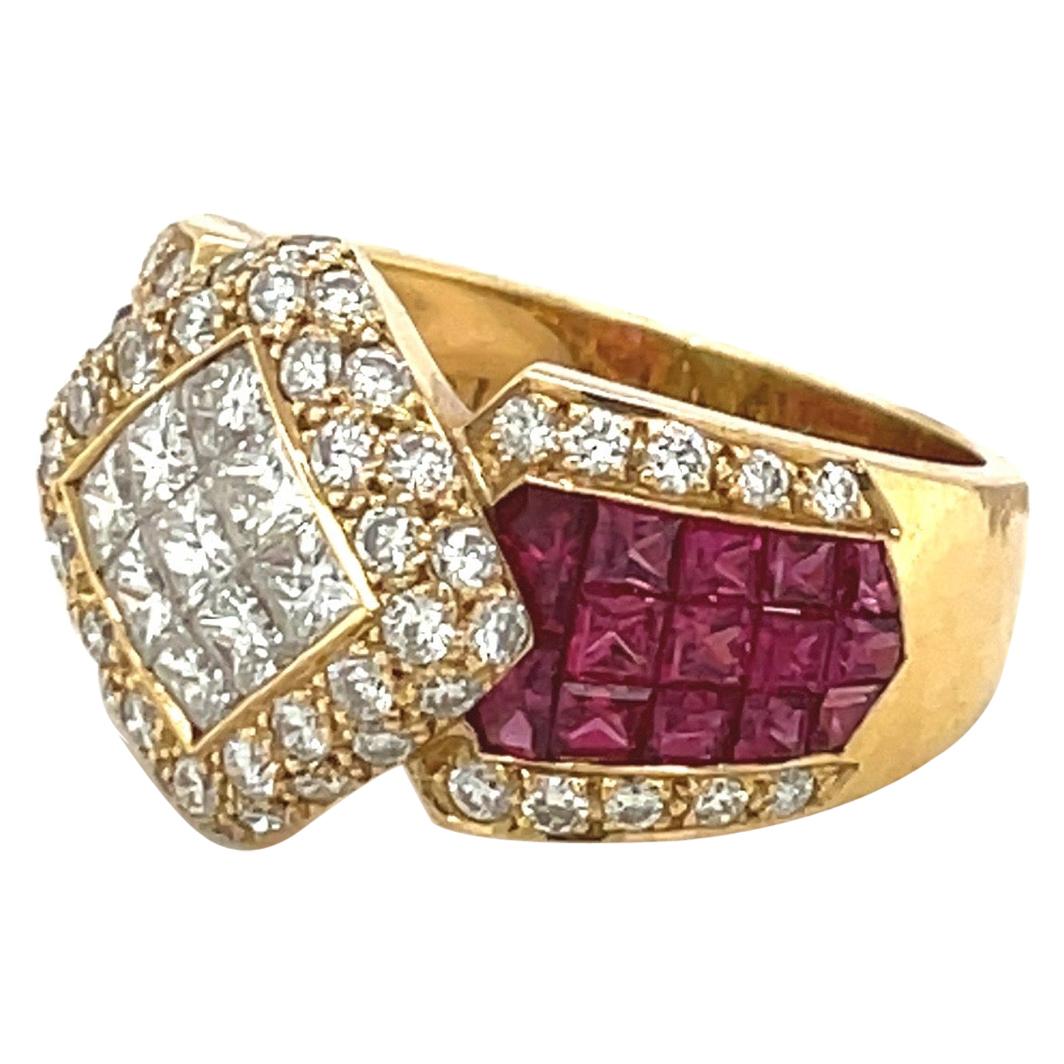 18 Karat Yellow Gold Invisibly Set Diamond 2.00 Carat and Ruby 4.19 Carat Ring