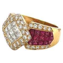 Vintage 18 Karat Yellow Gold Invisibly Set Diamond 2.00 Carat and Ruby 4.19 Carat Ring
