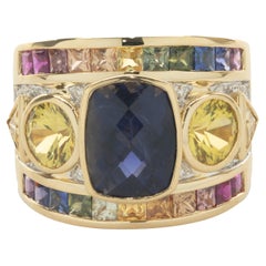 18 Karat Yellow Gold Iolite, Rainbow Sapphire, and Diamond Ring