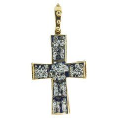 Italian 18 Karat Yellow Gold Cross Pendant with Enamel Religious Iconography 