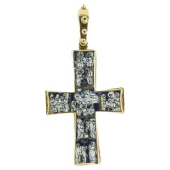 Vintage Italian 18 Karat Yellow Gold Cross Pendant with Enamel Religious Iconography