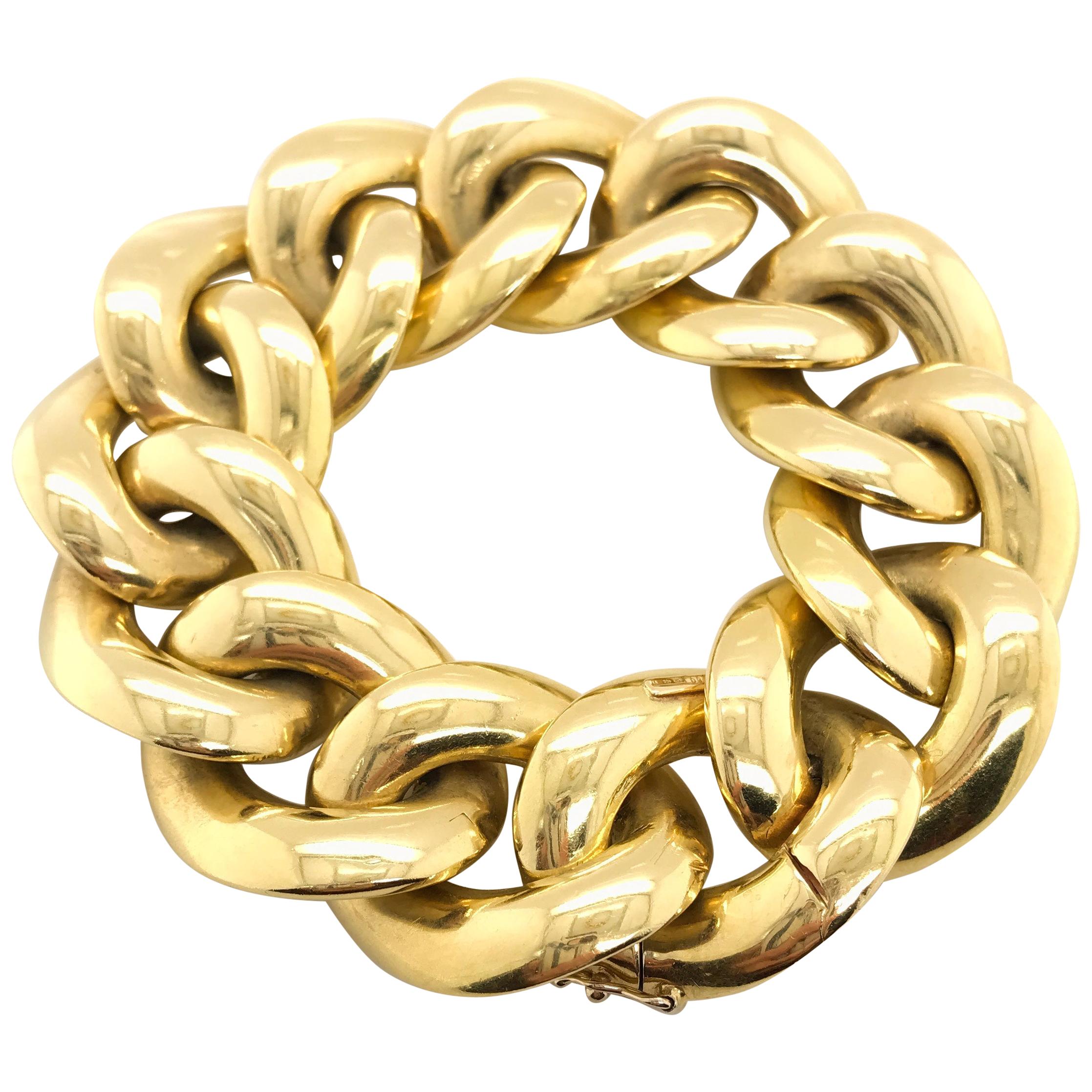 18 Karat Yellow Gold Italian Flat Curb Link Bracelet For Sale