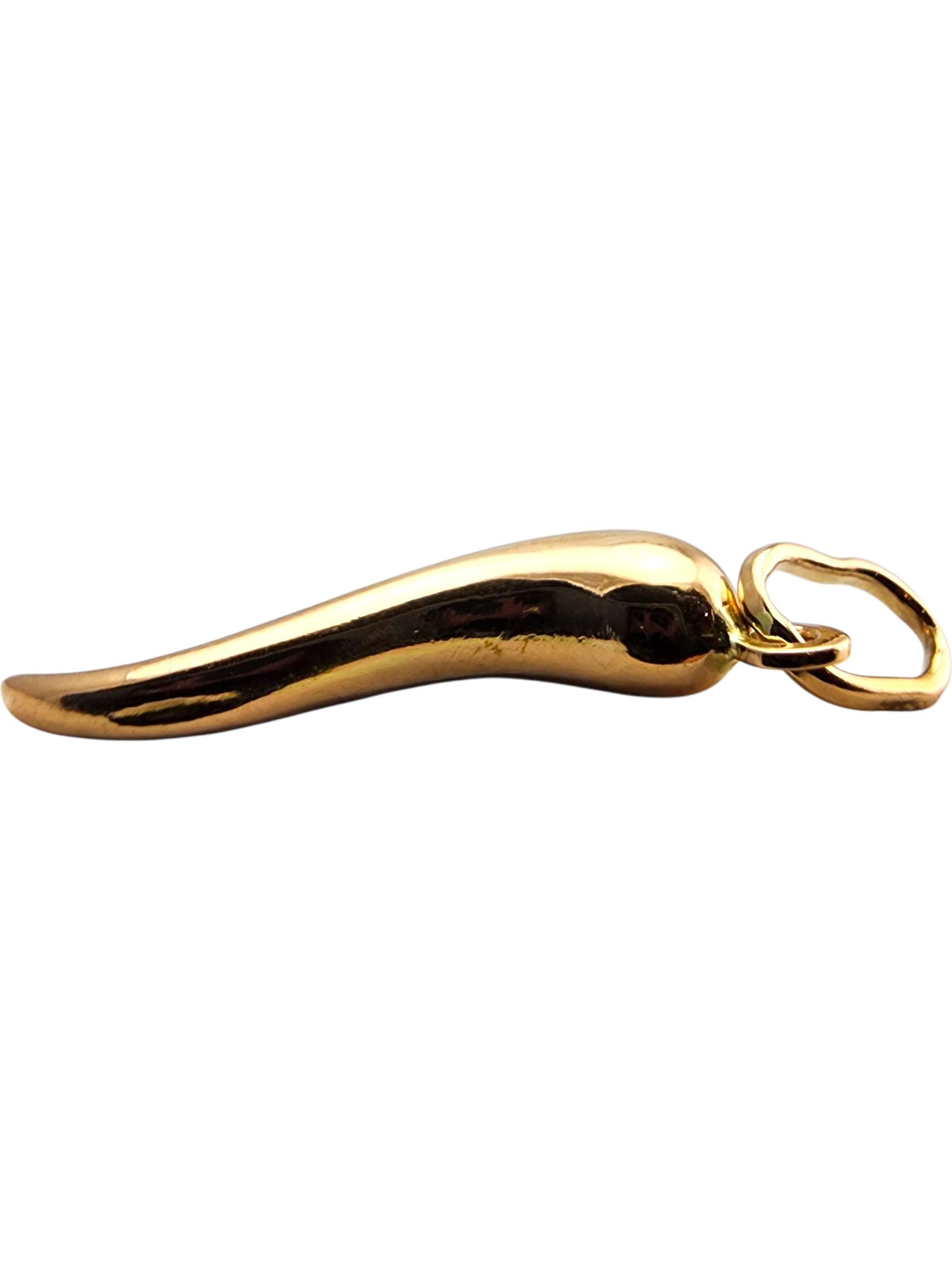 Ciondolo in oro giallo 18 carati - Horn

Questo ciondolo a forma di corno italiano in oro giallo 18 carati presenta un design elegante e curvo che simboleggia fortuna, protezione e tradizione. La ricca tonalità dell'oro e la finitura lucida gli