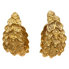 18 Karat Yellow Gold J Hoop Vintage Textured Earrings In/Out Lever Backs