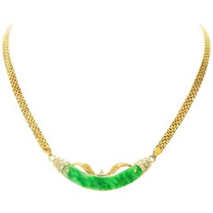 18 Karat Yellow Gold Jade and Diamond Necklace