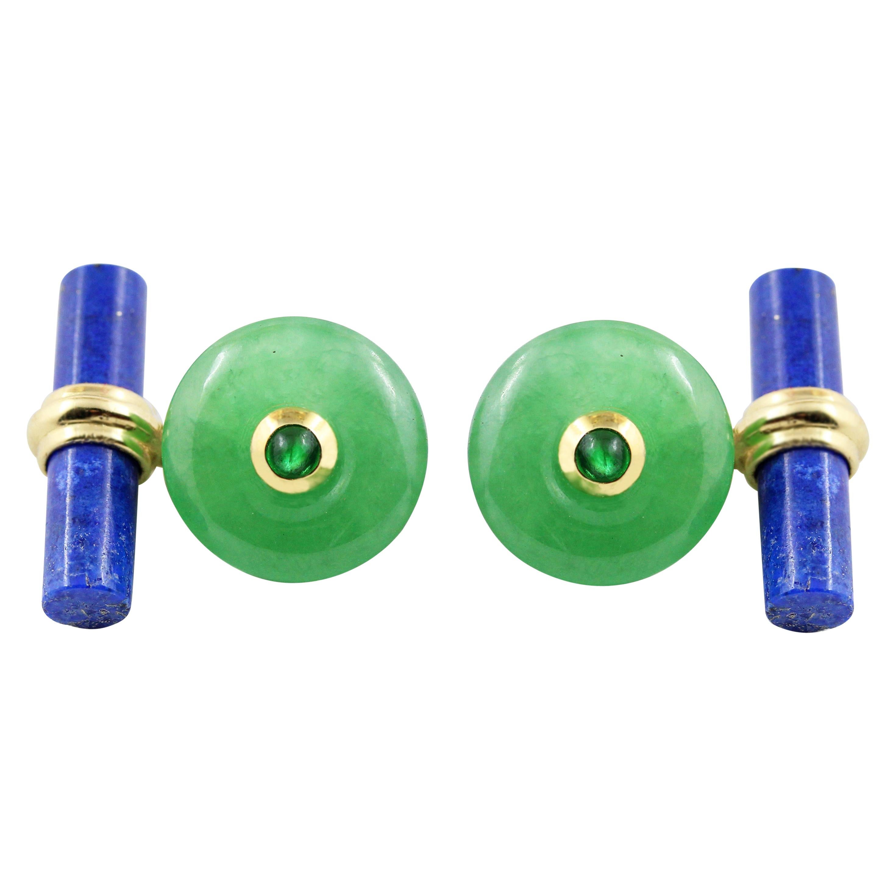 Boutons de manchette en or jaune 18 carats, jade et émeraudes avec lapis-lazuli