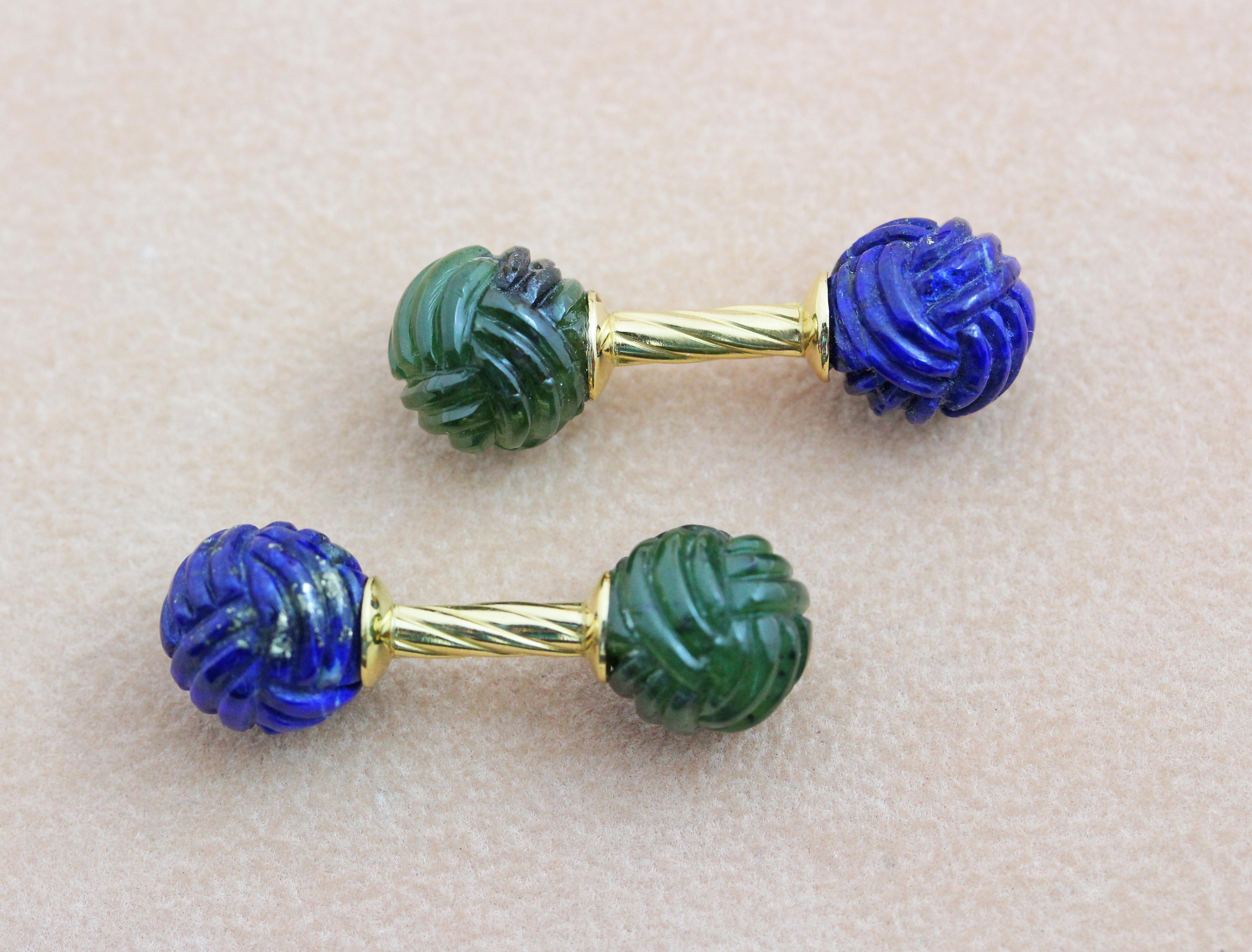 Simple and timeless, these cufflinks are a classic addition to any attire. Their front face and toggle are identical and are hand carved in a spherical shape out of lapis lazuli and jade, whose dark blue shade strikingly complements the green of the