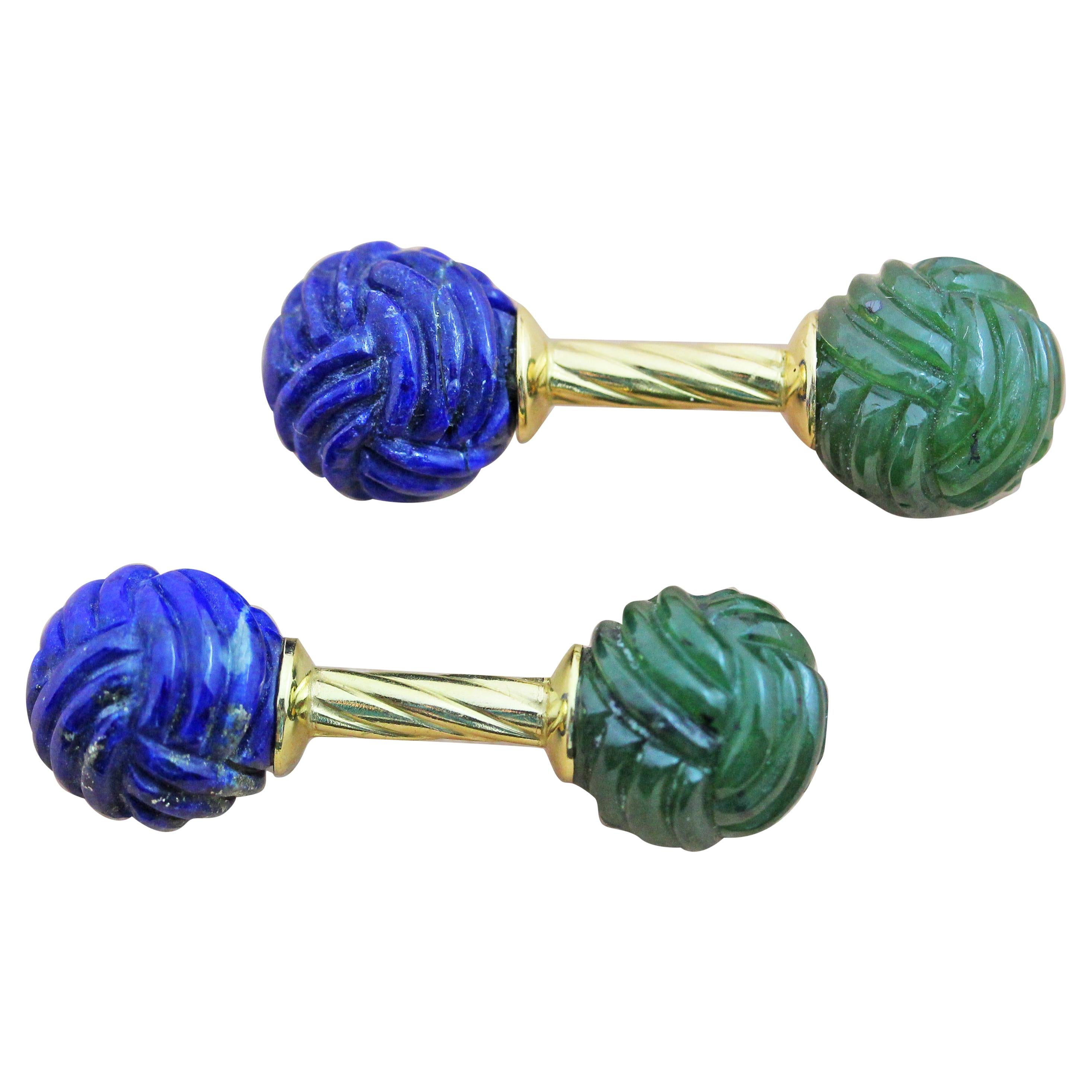 18 Karat Yellow Gold Jade and Lapislazuli Interwoven Sphere Cufflinks