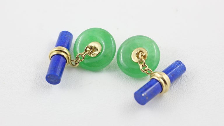 Cabochon 18 Karat Yellow Gold Jade and Rubies with Lapis Lazuli Cufflinks For Sale