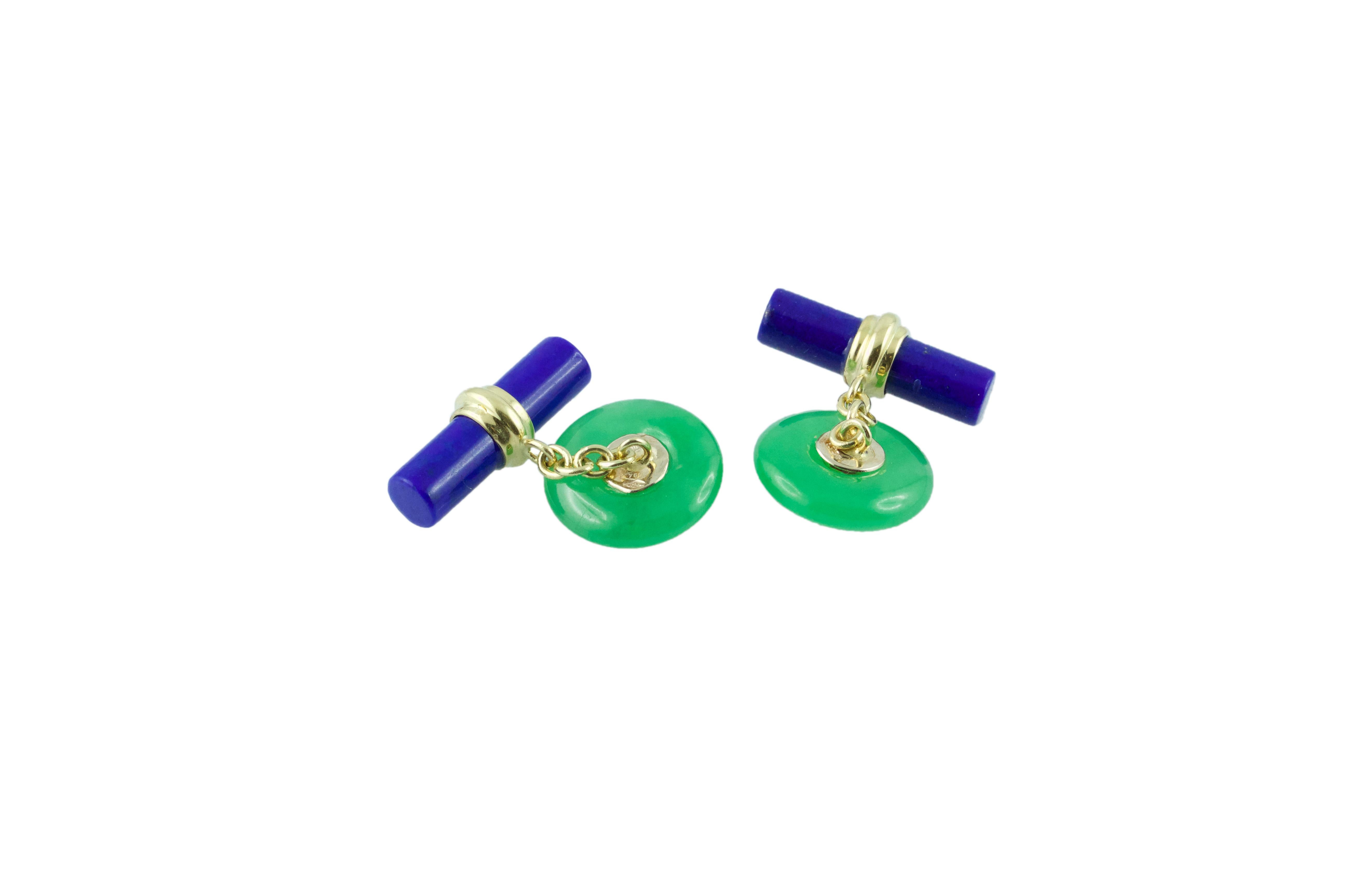 18 Karat Yellow Gold Jade and Rubies with Lapis Lazuli Cufflinks In New Condition In Milano, IT