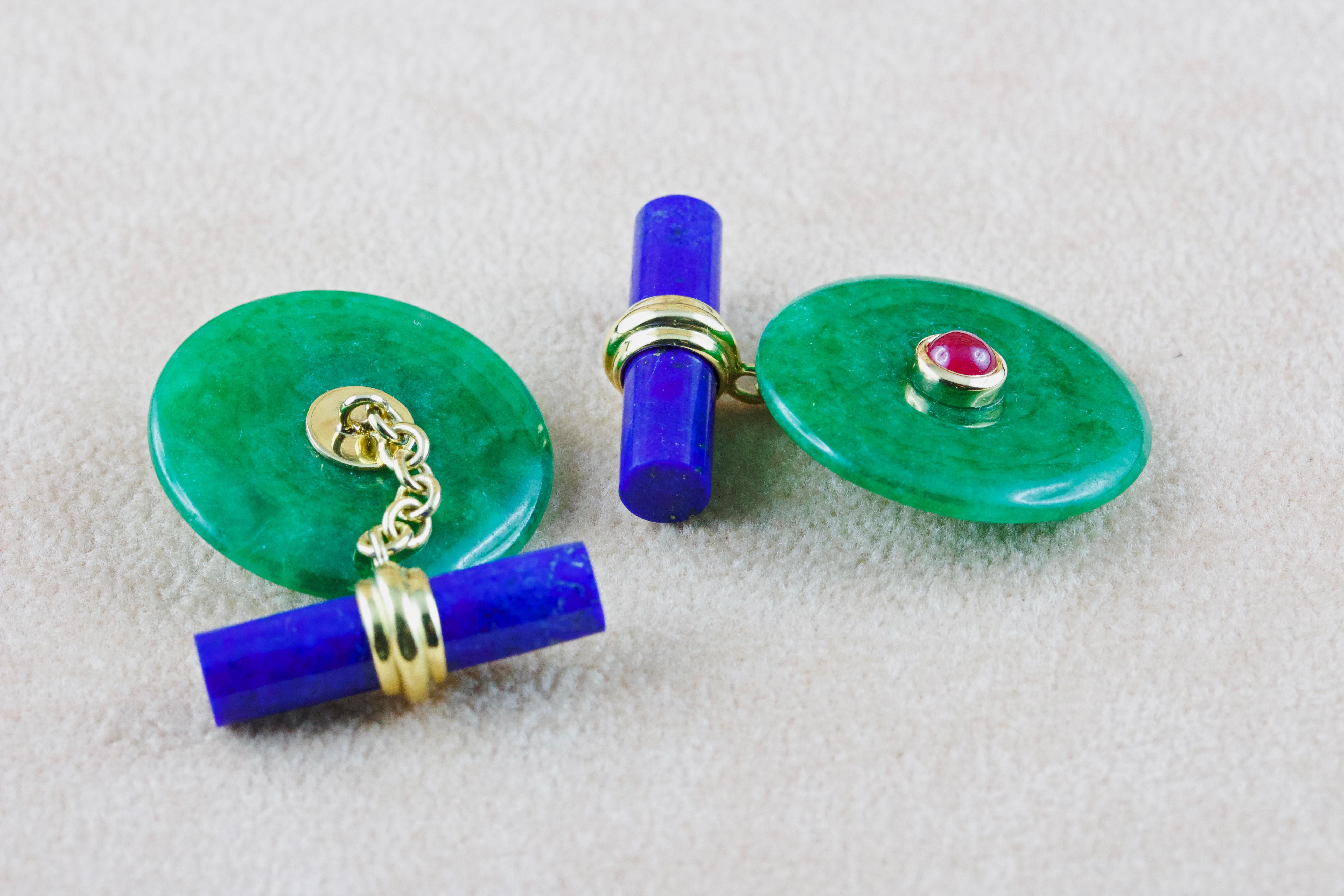 Cabochon 18 Karat Yellow Gold Jade and Rubies with Lapis Lazuli Cufflinks