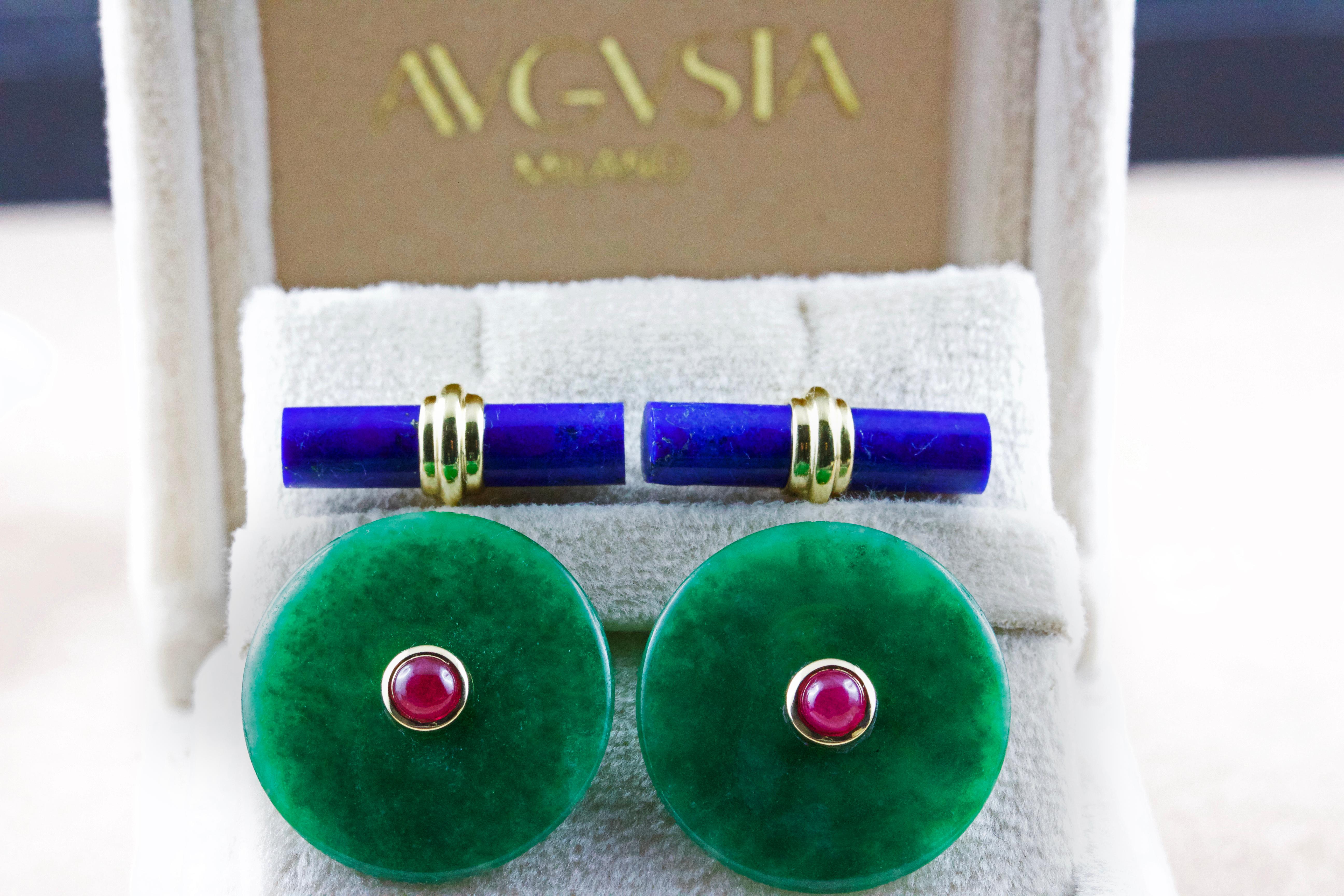 Women's or Men's 18 Karat Yellow Gold Jade and Rubies with Lapis Lazuli Cufflinks