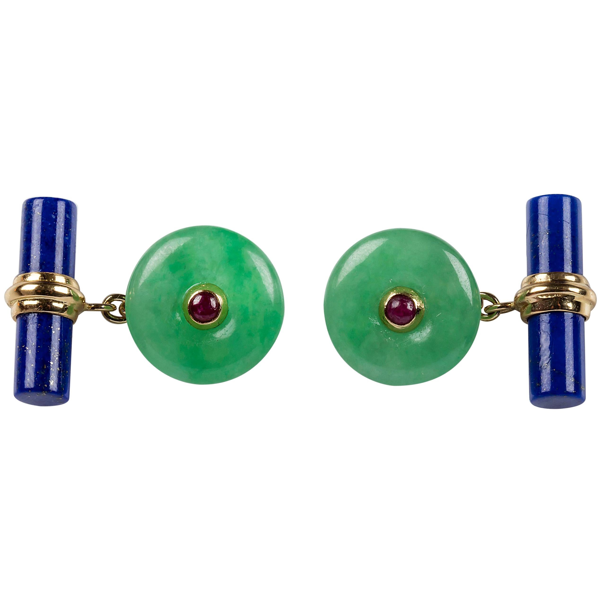 18 Karat Yellow Gold Jade and Rubies with Lapis Lazuli Cufflinks