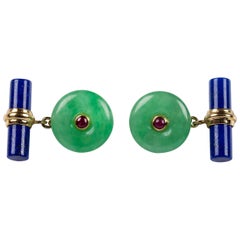 18 Karat Yellow Gold Jade and Rubies with Lapis Lazuli Cufflinks