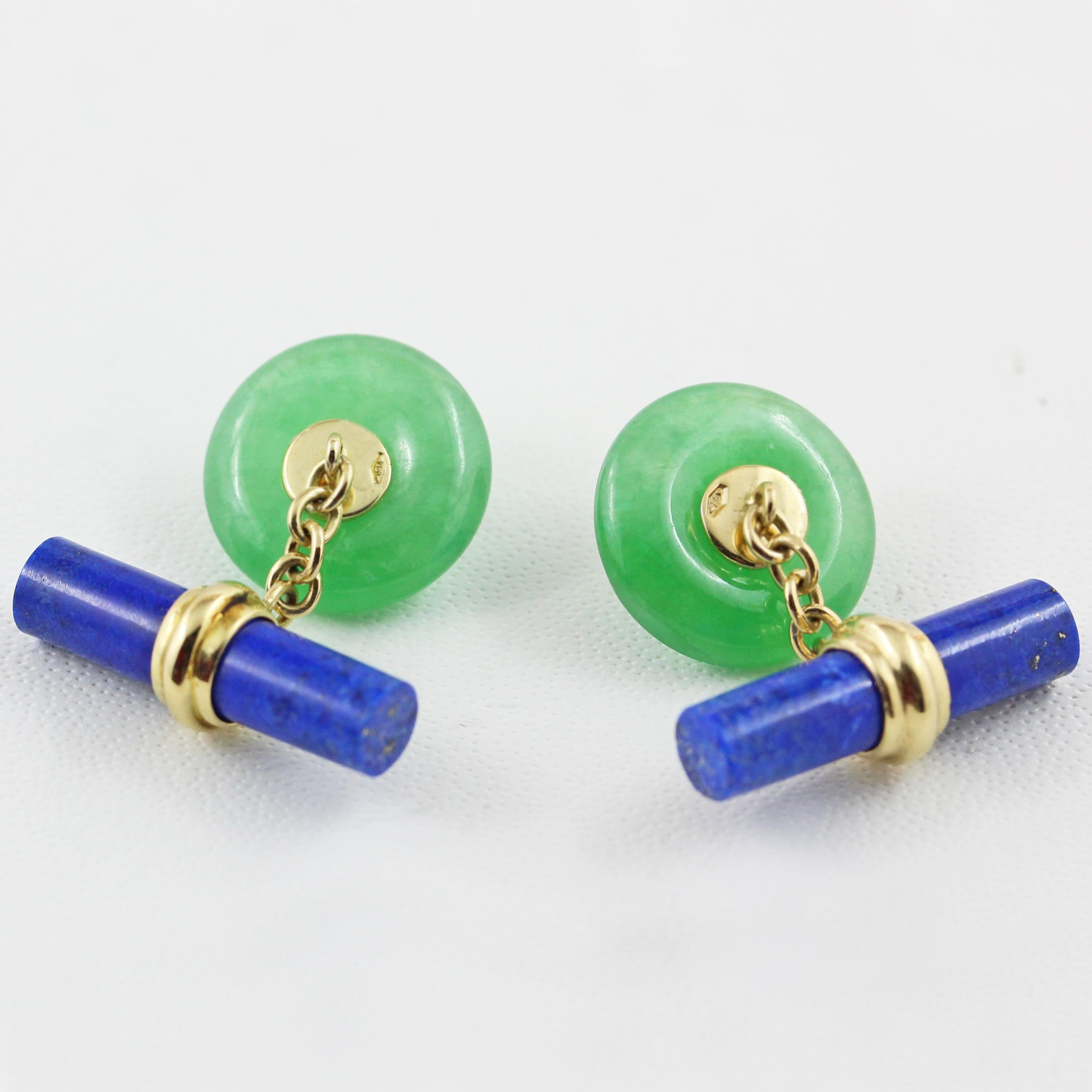 Cabochon 18 Karat Yellow Gold Jade and Sapphires with Lapis Lazuli Cufflinks For Sale