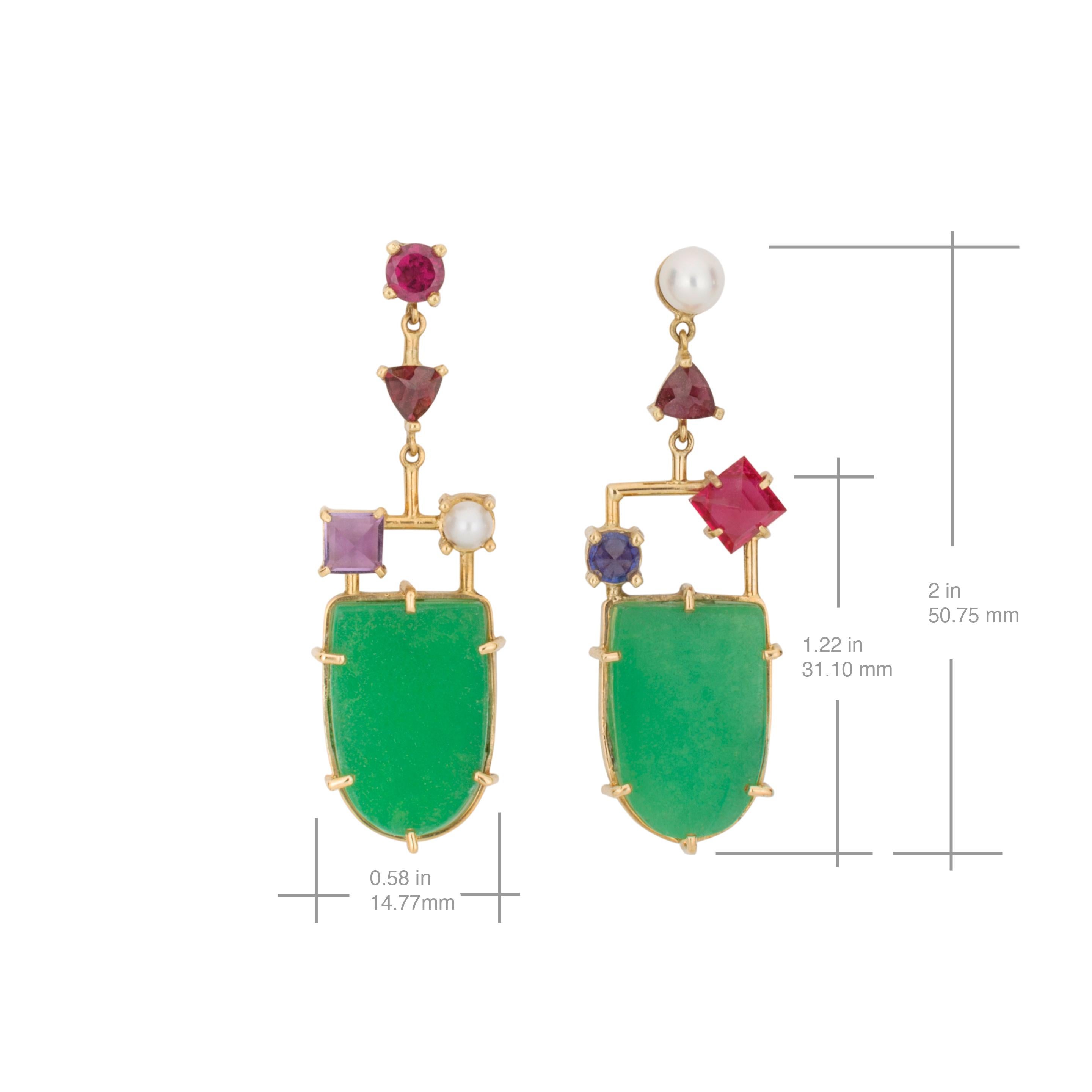 This contemporary multi gemstone asymmetrical 18 karat yellow gold chandelier earrings, combine Natural Jade, Amethyst, Garnet, Pearl, Sapphire and Ruby on an unexpected geometrical way. 

The main focus of these earrings is the natural jade. The