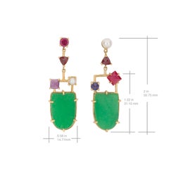 Natürliche natürliche Jade Multi Edelstein Asymmetrische 18K Amethyst Saphir Ohrringe