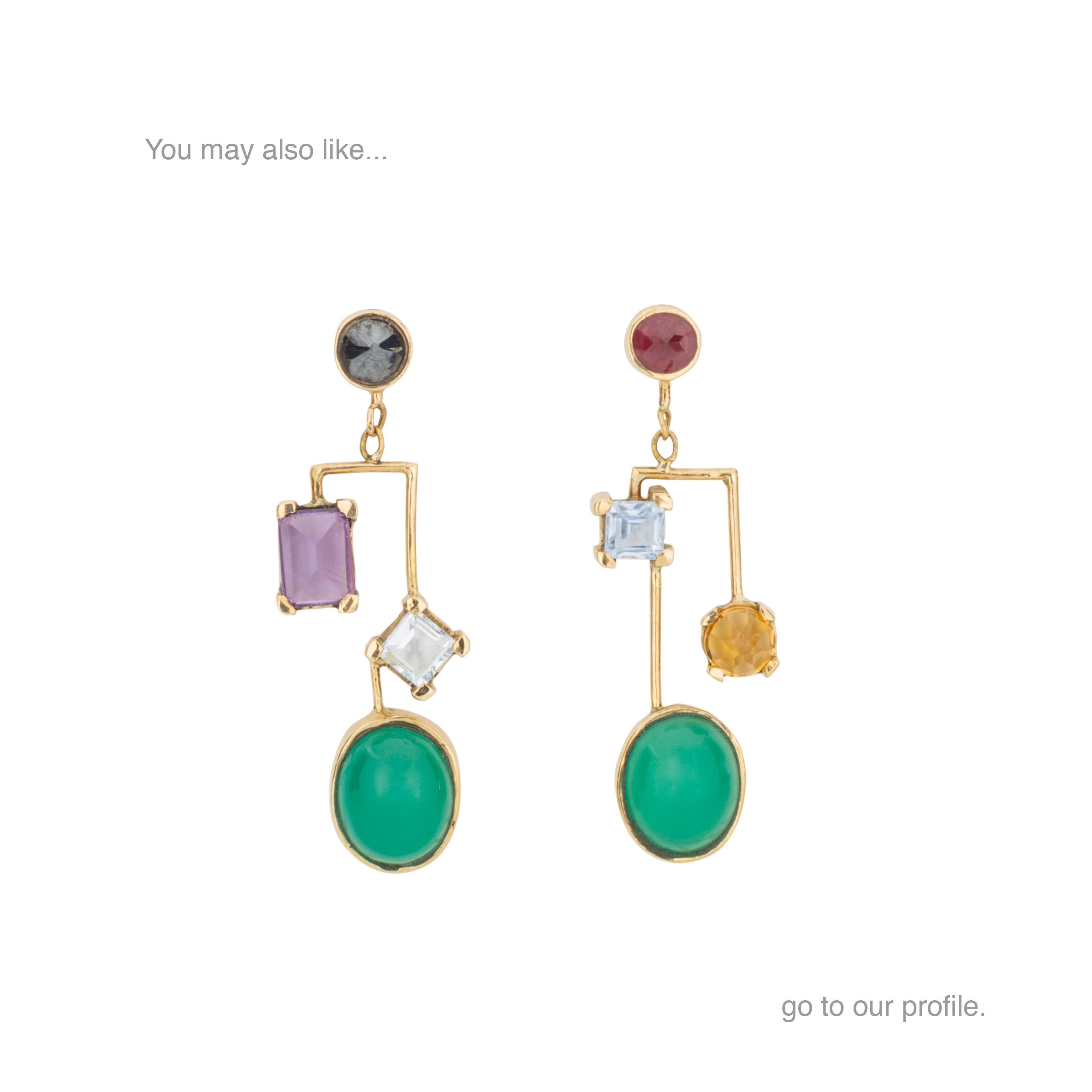 Contemporary Natural Jade Multi Gemstone Asymmetrical 18K Amethyst Sapphire Dangle Earrings For Sale