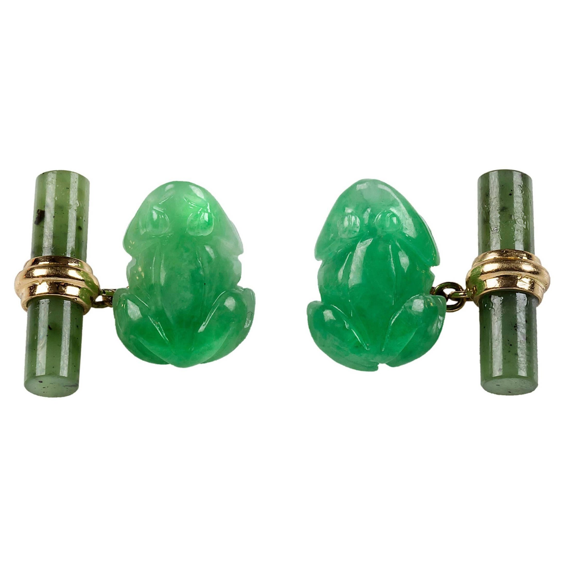 18 Karat Yellow Gold Jade  Frog Cufflinks Jades Frogs
