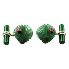 18 Karat Yellow Gold Jade Leaf Ladybug Coral Cufflinks