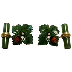 18 Karat Yellow Gold Jade Leaf Ladybug Coral Cufflinks
