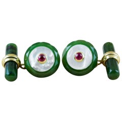 18 Karat Yellow Gold Jade Mother of Pearl Ruby Cufflinks