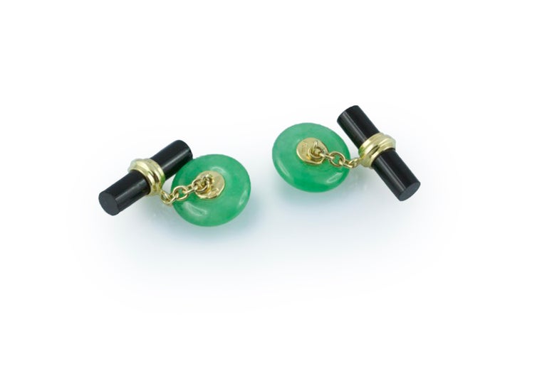 Cabochon 18 Karat Yellow Gold Jade, Ruby and Onyx Cufflinks For Sale