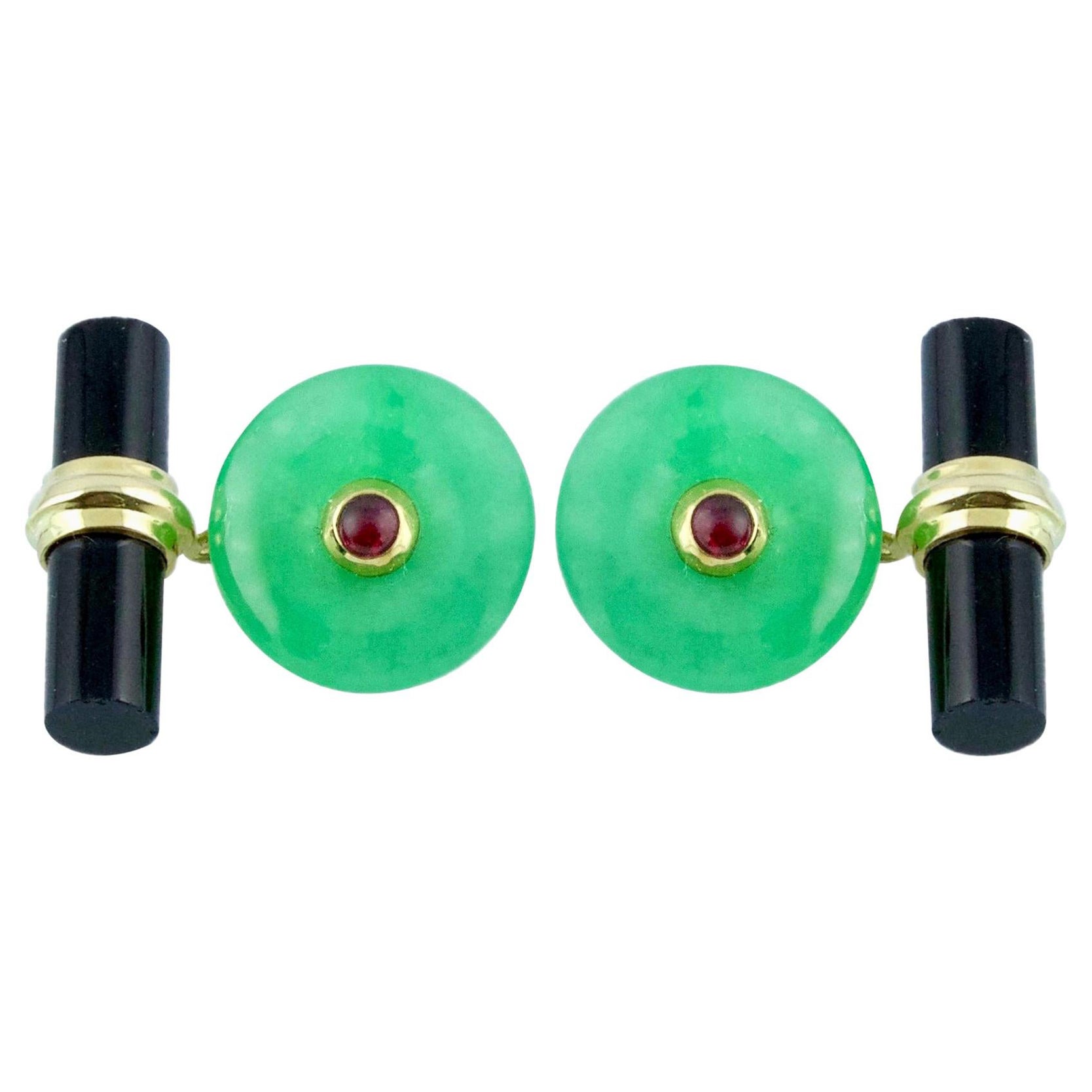 18 Karat Yellow Gold Jade, Ruby and Onyx Cufflinks