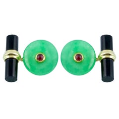 Boutons de manchette en or jaune 18 carats, jade, rubis et onyx