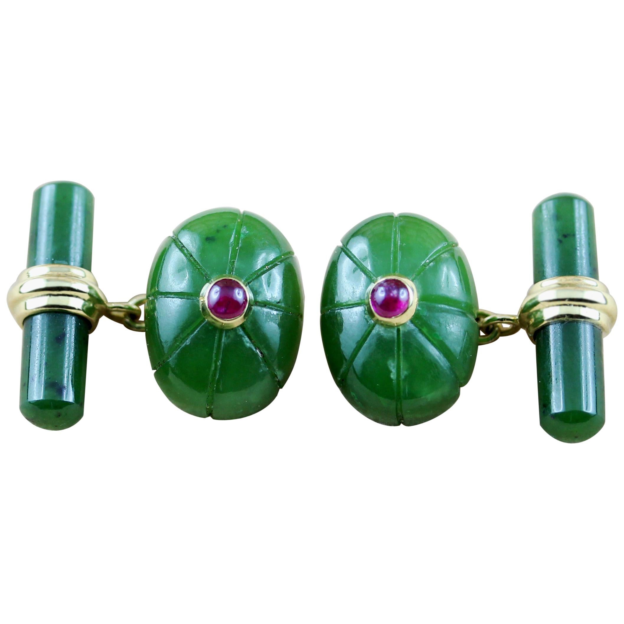 18 Karat Yellow Gold Jade Ruby Oval Cufflinks