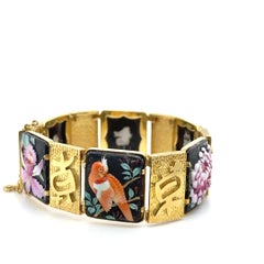 18 Karat Yellow Gold Japanese Kanji Enamel Bracelet with Longevity Symbol