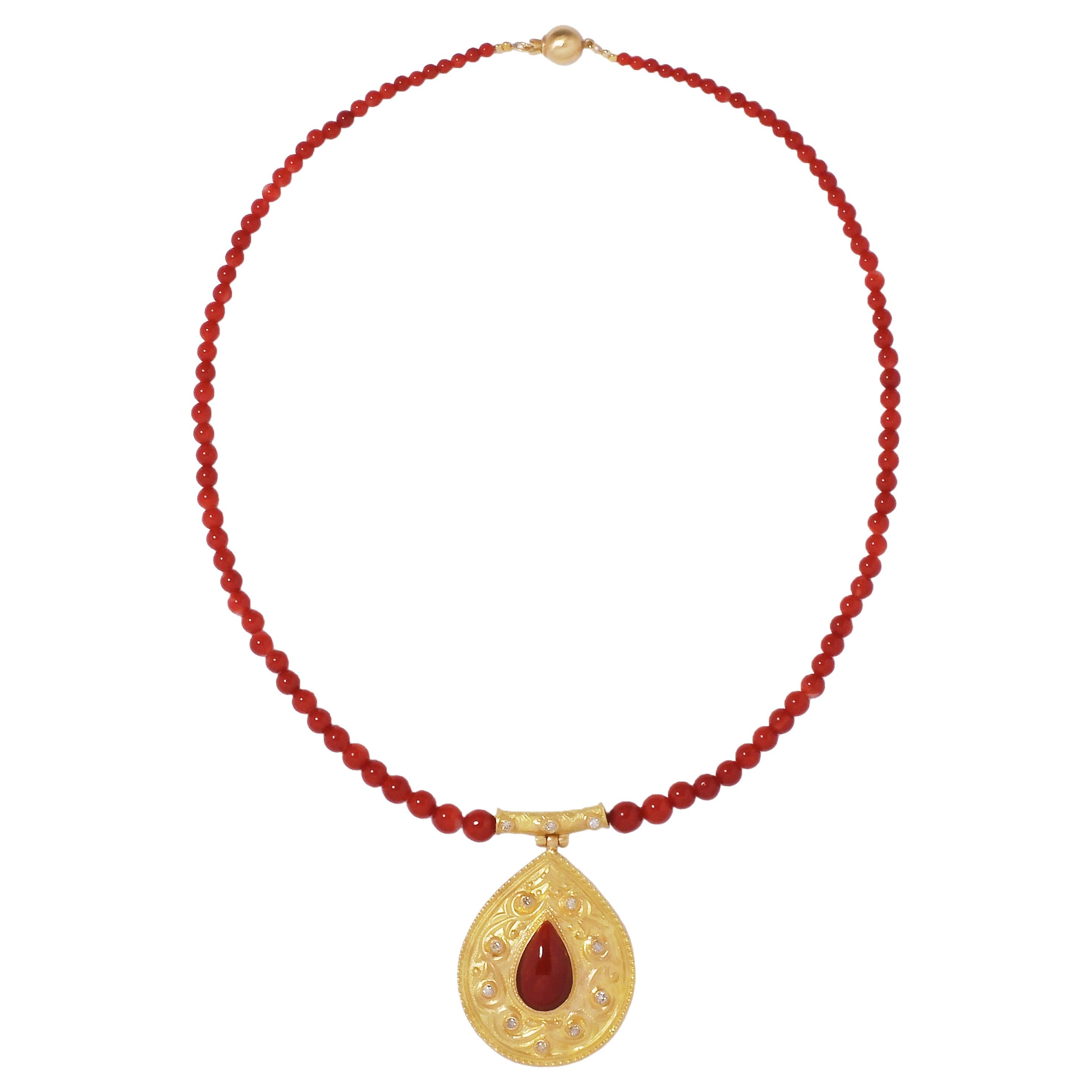 18 Karat Yellow Gold Red Coral Pendant and Necklace of Graduated Beads For Sale