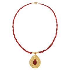 18 Karat Yellow Gold Red Coral Pendant and Necklace of Graduated Beads