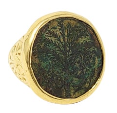 18 Karat Yellow Gold Judaea Bar Kochba Palm Tree Treasure Coin Ring Circa 135 CE
