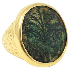 18 Karat Yellow Gold Judaea Bar Kochba Palm Tree Treasure Coin Ring Circa 135 CE