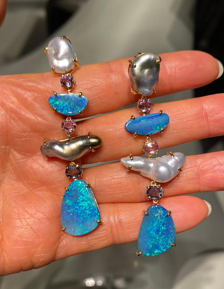 18 Karat Yellow Gold Keshi Pearl Boulder Opal Spinel Drop Dangle Earrings For Sale 2