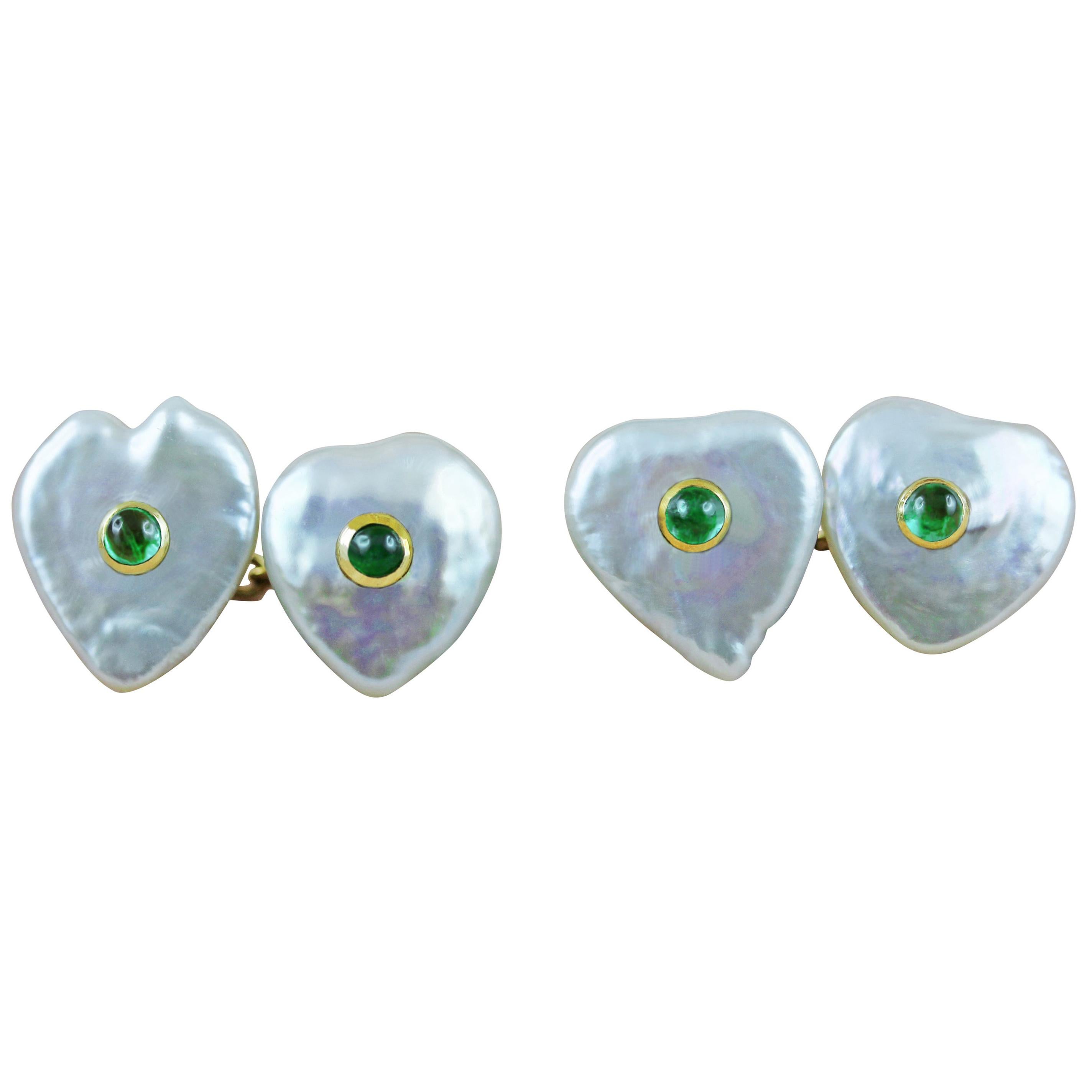 18 Karat Yellow Gold Keshi Pearl with Emeralds Heart Cufflinks
