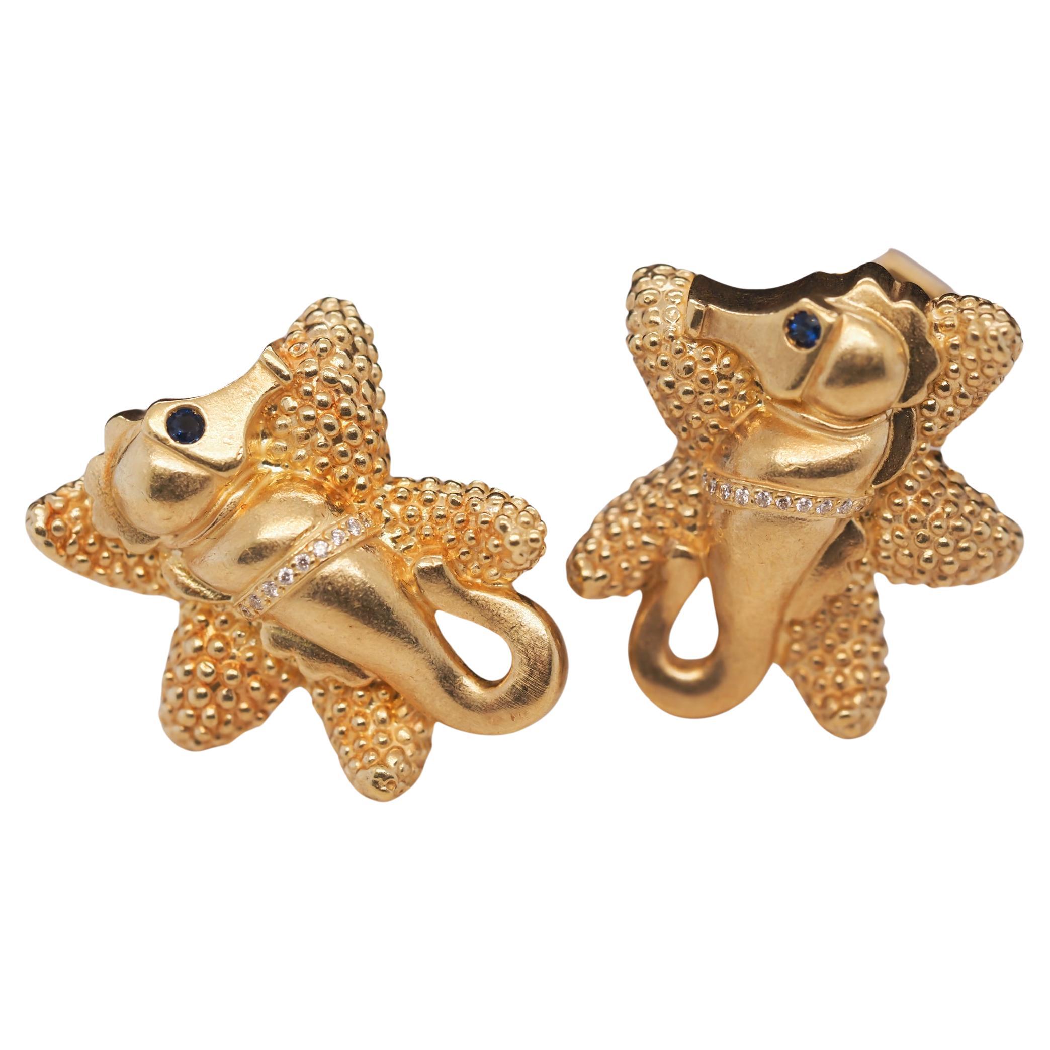 18 Karat Gelbgold KIESELSTEIN CORD Manschettenknöpfe mit Seepferdchen-Diamant und Saphir im Angebot